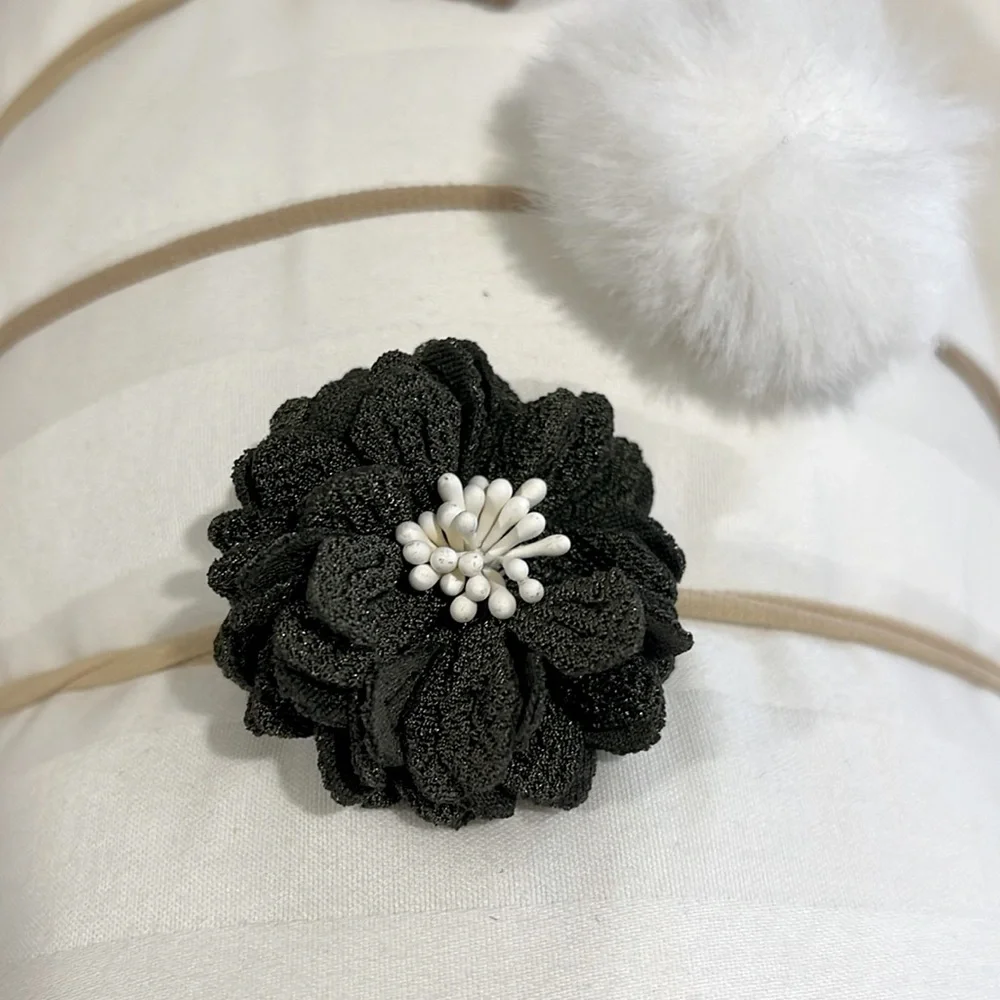 SET OF 3 NEUTRAL TONE FLOWERS AND WHITE FAUX FUR PUFF HEADBANDS